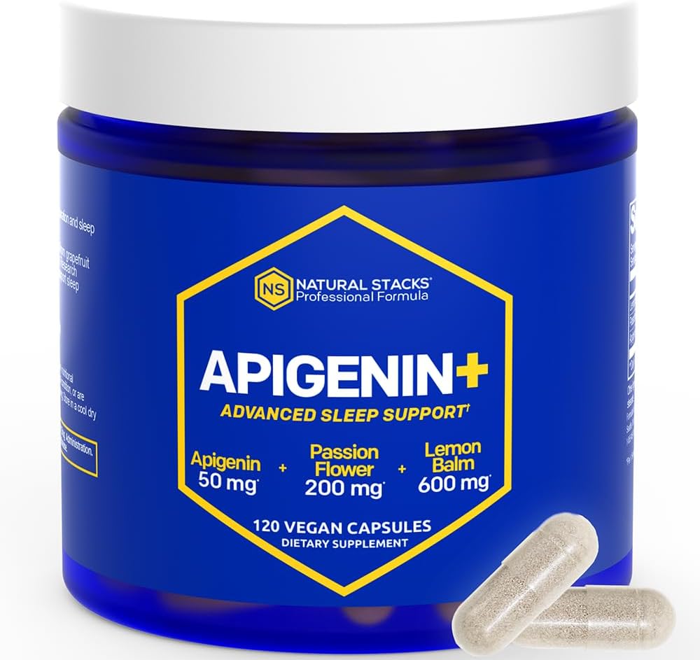 Uyku için NATURAL STACKS Apigenin Supplement - 50 mg Apigenin & 600 mg Lemon Balm - Melatonin Free Sleep Aid - Stres Desteği için Tutku Çiçek Takması* - 120 Limon Balm Capsules