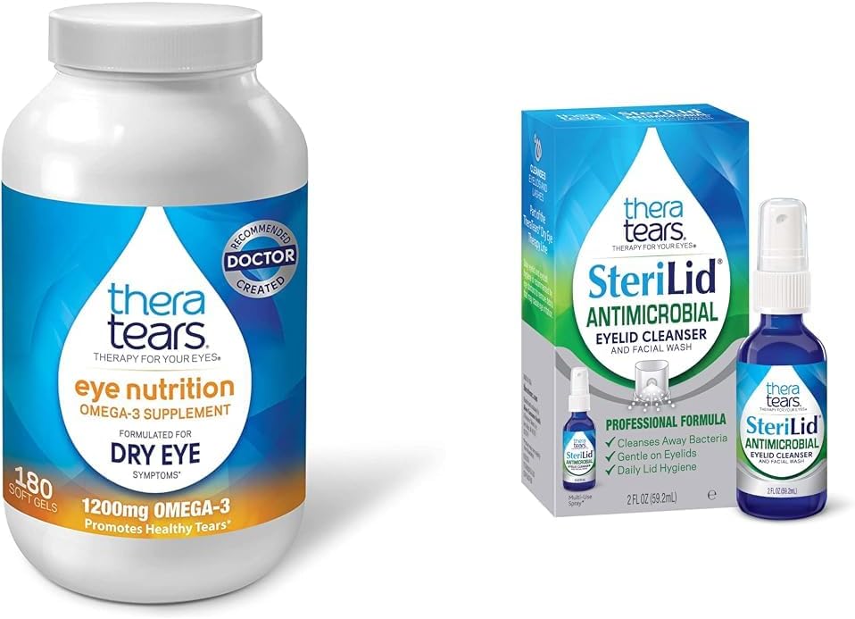TheraTears 1200mg Omega 3 Συμπλήρωμα για τη Διατροφή των ματιών, Βιολογικό λιναρόσπορο Τριγλυκερίδια Fish Oil και Βιταμίνη E, 180 Count & SteriLid Eleid Καθαριστικό και Πλύσιμο προσώπου, για Ερεθισμένα Μάτια, 2 fl oz Spray