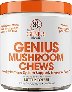 The Genius Brand Genius Mushroom - Plant-based Supplement for Immune, Focus & Energy Support - Lion's Mane, Cordyceps & Reishi - Organic & Non-GMO - Butter Toffee - 60 Μαλακά Μασούρια