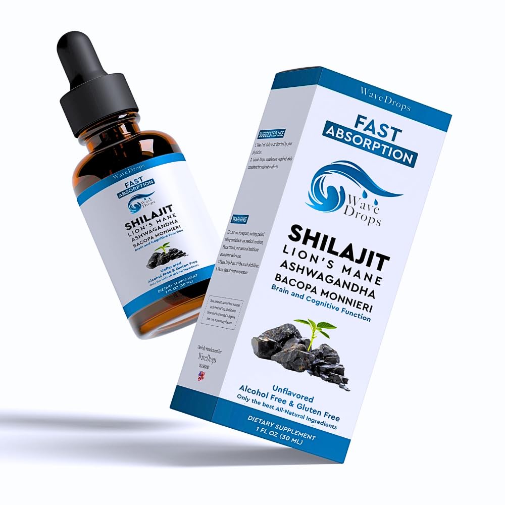 Lion's Mane - Shilajit - Ashwagandha - Bacopa Monnieri Liquid Drops | for Stress, Memory Branson,Focus | Tüm Doğal Malzemeler 1Fl Oz (1)