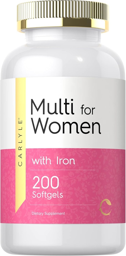 Demir ile Kadınlar için Carlyle Multivitamin | 200 Softgels | Essential Vitaminler, Mineraller ve Omegas | Beslenme Desteği Tamam | Non-GMO & Gluten Ücretsiz