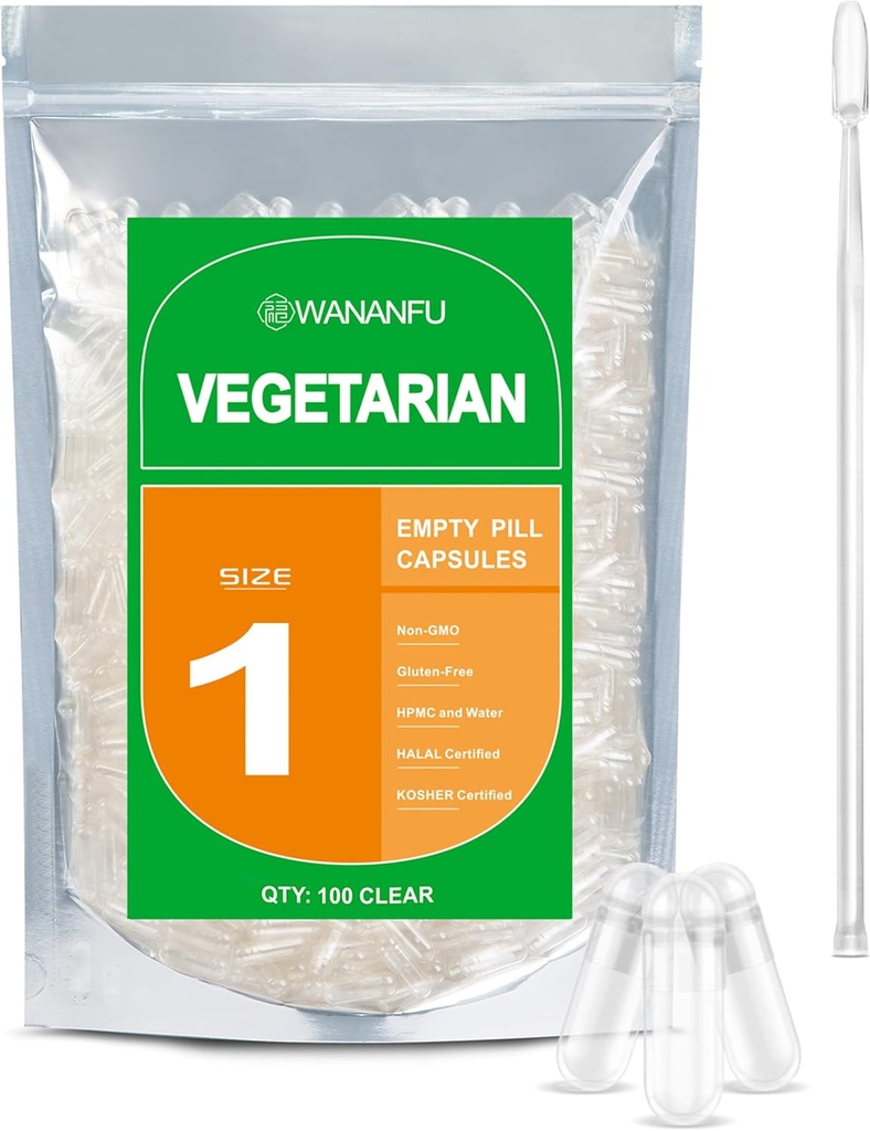 wananfu Boyutu 1 Boş Capsules Vegetarian (100 Count) Micro Lab Spoon ile Log, Clear Fillable Veggie Pill Capsules Boyutu 1 Kendi Tamamlarınızı Yapmak için