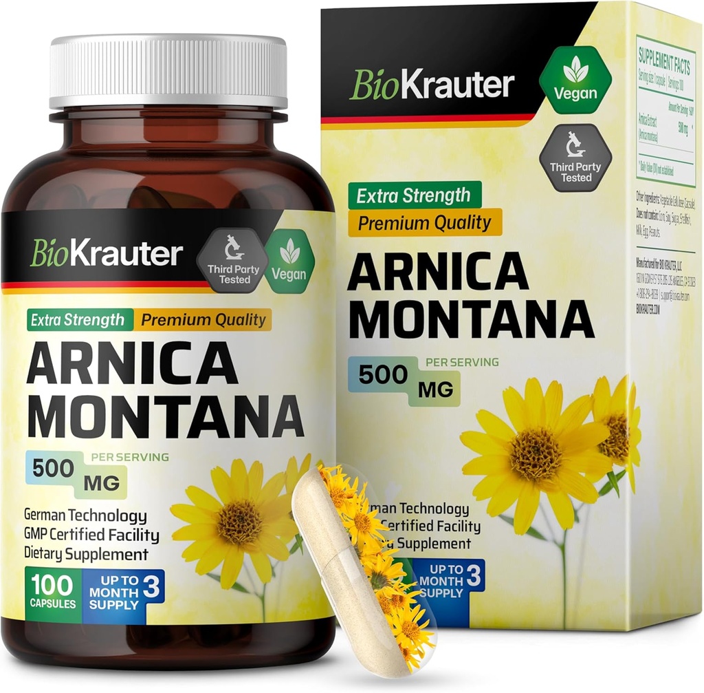 BIO KRAUTER Arnica Montana Capsules - Bruising ve Swelling için 500 mg Arnica Capsules - Vegan - 100 Count