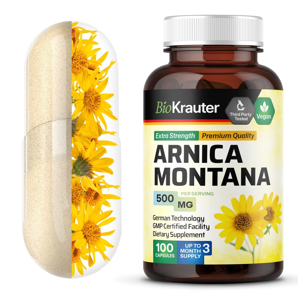 BIO KRAUTER® Arnica Montana for Bruising and Swelling - Vegan & Pure Arnica Supplement in Capsules 500 mg per Serving 100 Caps - Used for Daily Wellness - No Fillers, Non-GMO - 100 Days of Supply