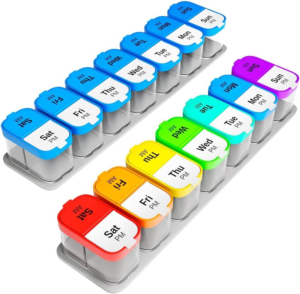 Ekstra Büyük Haftalık Pill Organizer Set - 2 XL Vitamini 7 Detachable AM PM Karşılaştırmalı - Ev ve Seyahat için Güvenilir Tıp Işığı, Portatif Tamam Konteyner, Rainbow & Blue / White