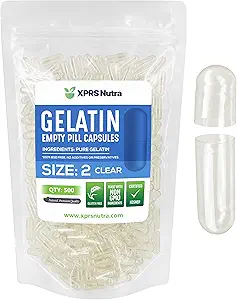 XPRS Nutra Boyutu 2 Boş Kapsüller - 500 Kont Clear Boş Gelatin Capsules - Pills DIY Capsule - Pure Bovine Pill Gel Caps For Do-It- Yourself Supplements