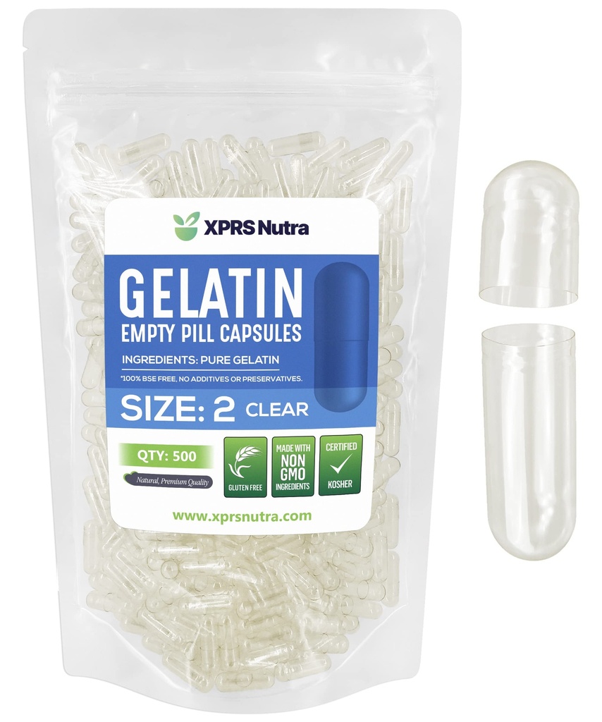 XPRS Nutra Boyutu 2 Boş Kapsüller - 500 Kont Clear Boş Gelatin Capsules - Pills DIY Capsule - Pure Bovine Pill Gel Caps For Do-It- Yourself Supplements