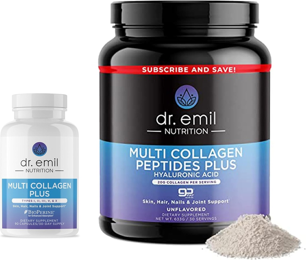 DR. EMIL NUTRITION Complete Multi Collagen Bundle - Διπλό το Collagen & Διπλό τα μαλλιά, το δέρμα και τα νύχια Οφέλη - Collagen Peptide Pills & Collagen Powder Bundle (30 Services)