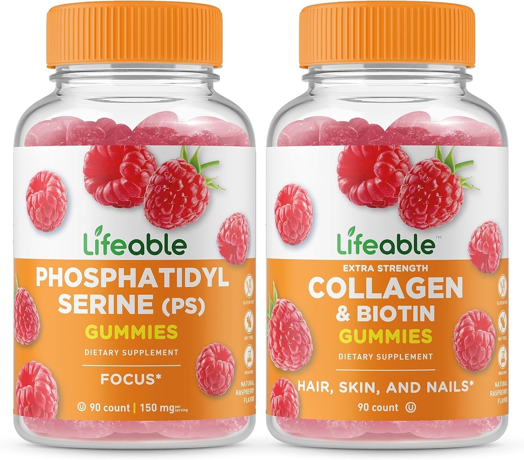Lifeable Phosphatidylserine (PS) + Collagen & Biotin, Gummies Sche - Great Tasting, Vitamin Supplement, Gluten Free, GMO Free, Chewable Gummy