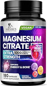 Magnezyum Citrate Supplement Pills 1000 mg - 3X Güçlü Magnezyum Kemik, Kas, Kalp, Doğa Erkekler ve Kadınlar için Uyku Desteği, Vegan Mag Mineral, ABD'de Şişelenmiş 180 Capsules
