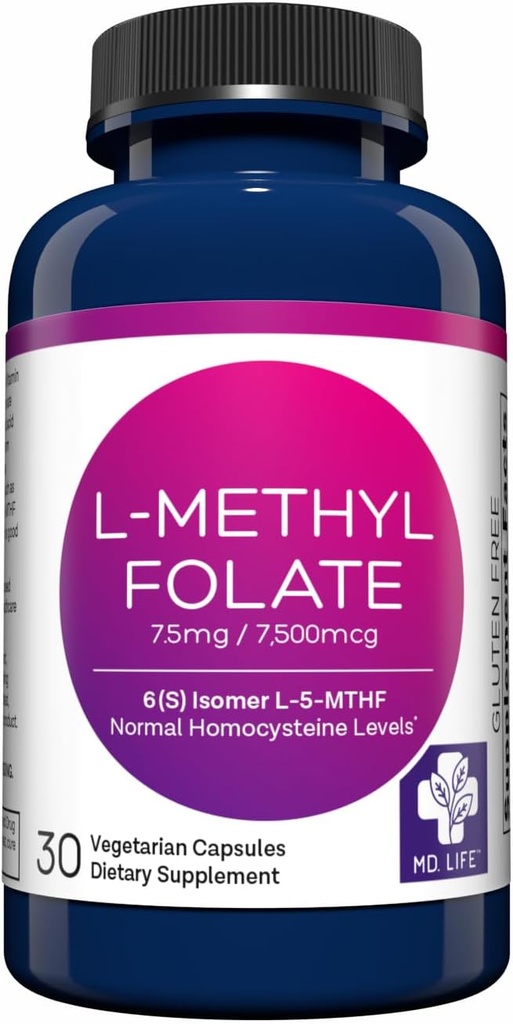 MD Life L-Methylfolate 7.5 mg Supplement - Profesyonel-Grade Active L Torchfolate Supplement - 30 Capsules - L-Methylfolate 7.5 mg - maksimum Potency MTHFR W / Essentials