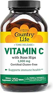 Country Life Time Release Βιταμίνη C με Rose Hips, Υποστηρίζει την Ανοσολογική Υγεία, 1.000mg, 250 Tablets, Certified Gluten Free, Certified Vegan