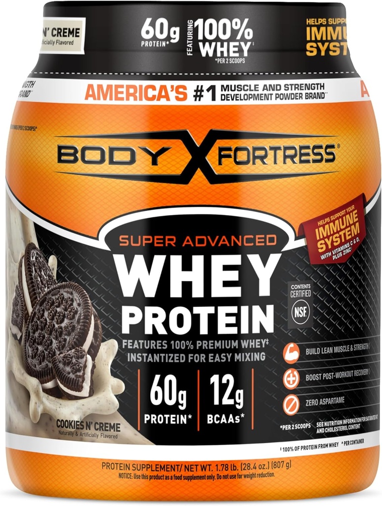Body Fortress Super Advanced Whey Protein Powder, Cookies N’ Creme, 60g Protein & 12g BCAAs Per 2 Scoops, Muscle Gain & Recovery, Immune Support with Vitamins C & D, 1.78lbs (Packaging May Vary)