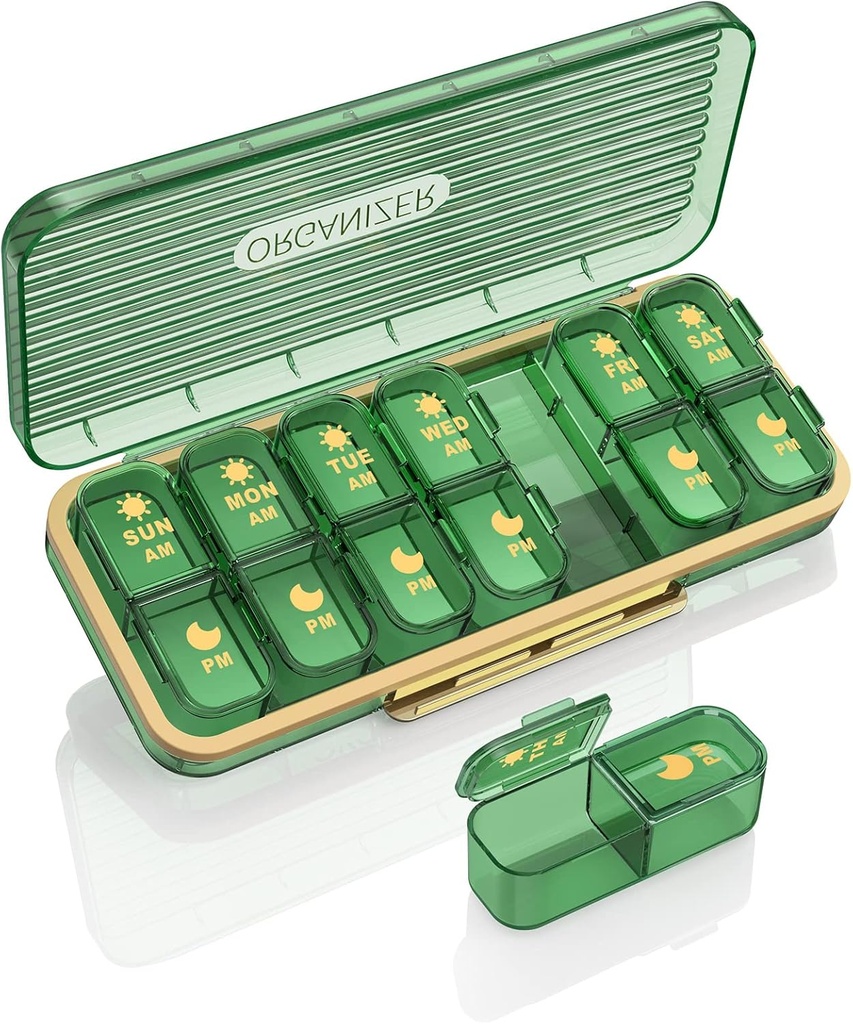 Pill Organizer 2 φορές την ημέρα, 7 ημέρες Am Pm Pill Box - Acedada Εβδομαδιαία Pill Organizer με χωριστό δοχείο, Φορητή υπόθεση καθημερινής ιατρικής Planner για τη βιταμίνη, ιχθυέλαια, συμπληρώματα, πράσινο