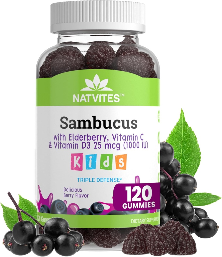 Black Sambucus Elderberry Gummies for Kids - Immune Support Supplement with Vitamin C and Vitamin D3 for Immunity Boost - Vegetarian, Non-GMO, Gluten Free, Nut and Dairy Free - 120 Gummies (Pazarlama)