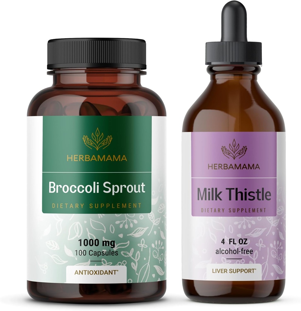 HERBAMAMA Broccoli Sprout ve Süt Butle Kit - 1000 mg Broccoli Sprout Capsules & Milk Butle Extract 4 fl oz - Vegan, Non-GMO, Sugar & Alkol-Free - 2 Pack