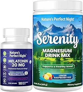 Nature's Perfect Night Melatonin 20mg Quick Dissolve Mixed Berry 180 Count with Serenity Magnesium Powder 15 oz Lemon Raspberry