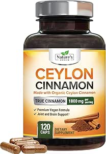 Ceylon Cinnamon Capsules 1800 mg - Sertifikalı Organik Cinnamon, ABD'de Şişelenmiş ve Saf Ekstra Güçlü Ceylon Cinnamon Supplement, Anti Piloksils, Non-GMO & Gluten Free, Sugar Free - 120 Capsules