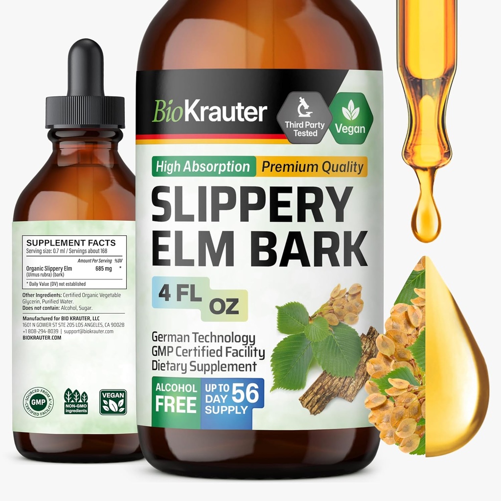 BIO KRAUTER Terpery Elm Bark Tincture - Kadın ve Erkekler için Saf Terpery Elm - 4 Fl.Oz. 56 Günlük Supply - Throat & Voice Support - Vegan Sıvı Öpücü & Digestive Health