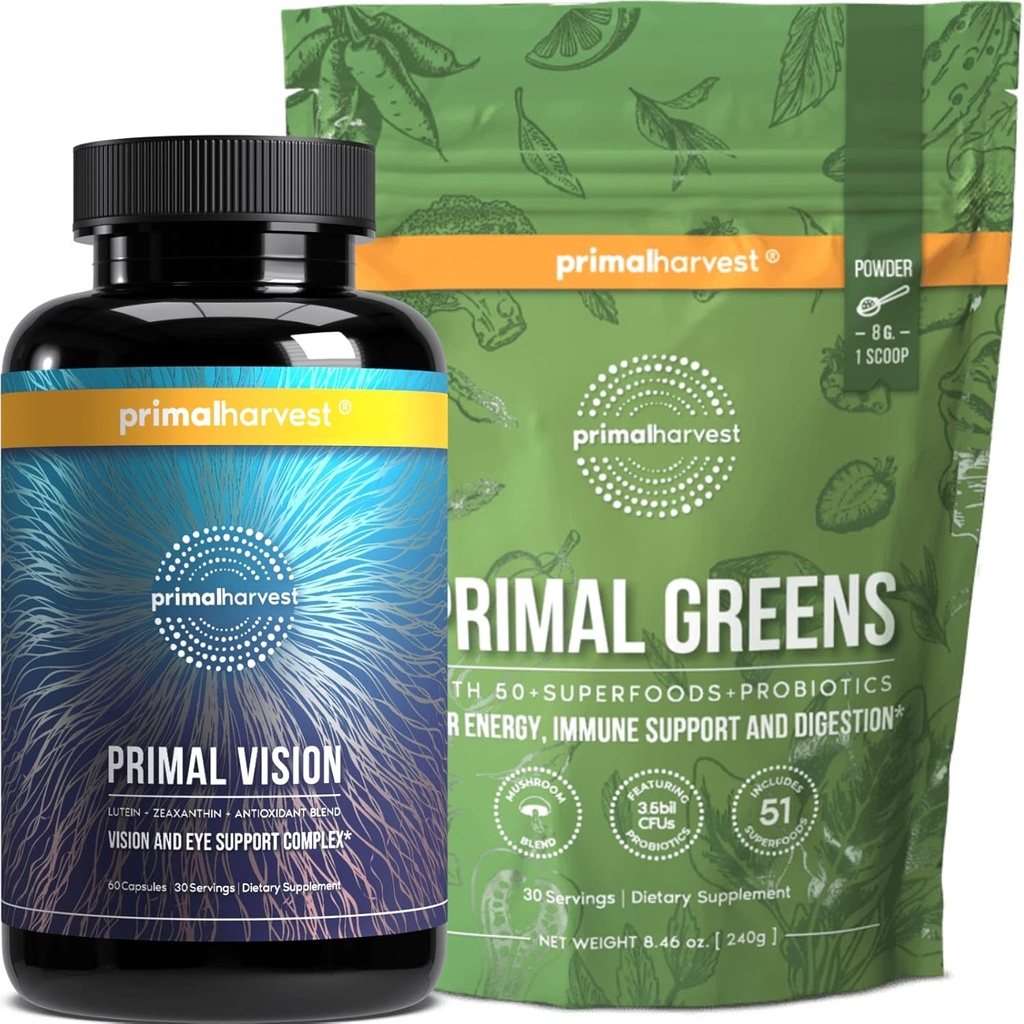Primal Harvest Greens Powder & Vision Συμπληρώματα για γυναίκες και άνδρες Όραμα και υποστήριξη ματιών Complex με Lutein, Zeaxanthin Bundle