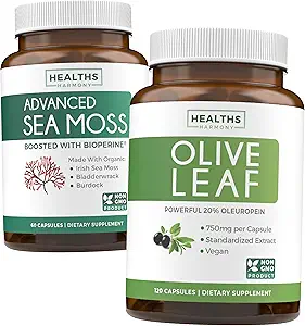 Sea Moss & Olive Leaf Extract (1-Month Supply) Zeytin Moss P - Organik İrlandalı Deniz Moss - Raw Vegan Tamam (60 Caps) & Olive Leaf Extract Super Strength: %20 Ol Europein - Vegetarian (120 Caps)