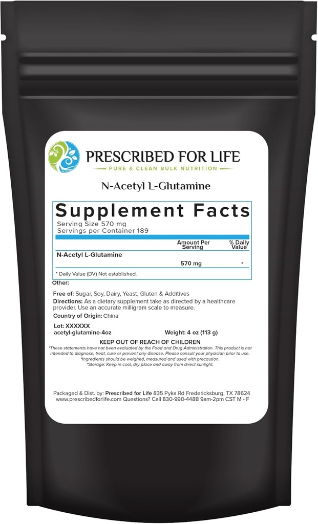 Prescribed For Life N Acetyl L Glutamine Powder, Pure L Glutamine Amino Acids Supplement (4oz / 113g)