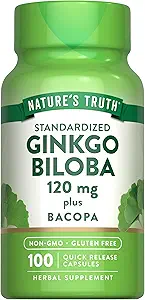 Nature's Truth Ginkgo Biloba 120mg | Plus Bacopa | 100 Hızlı Yayın Kapsülleri | Standartlaştırılmış Tür | Non-GMO ve Gluten Free Supplement Supplement