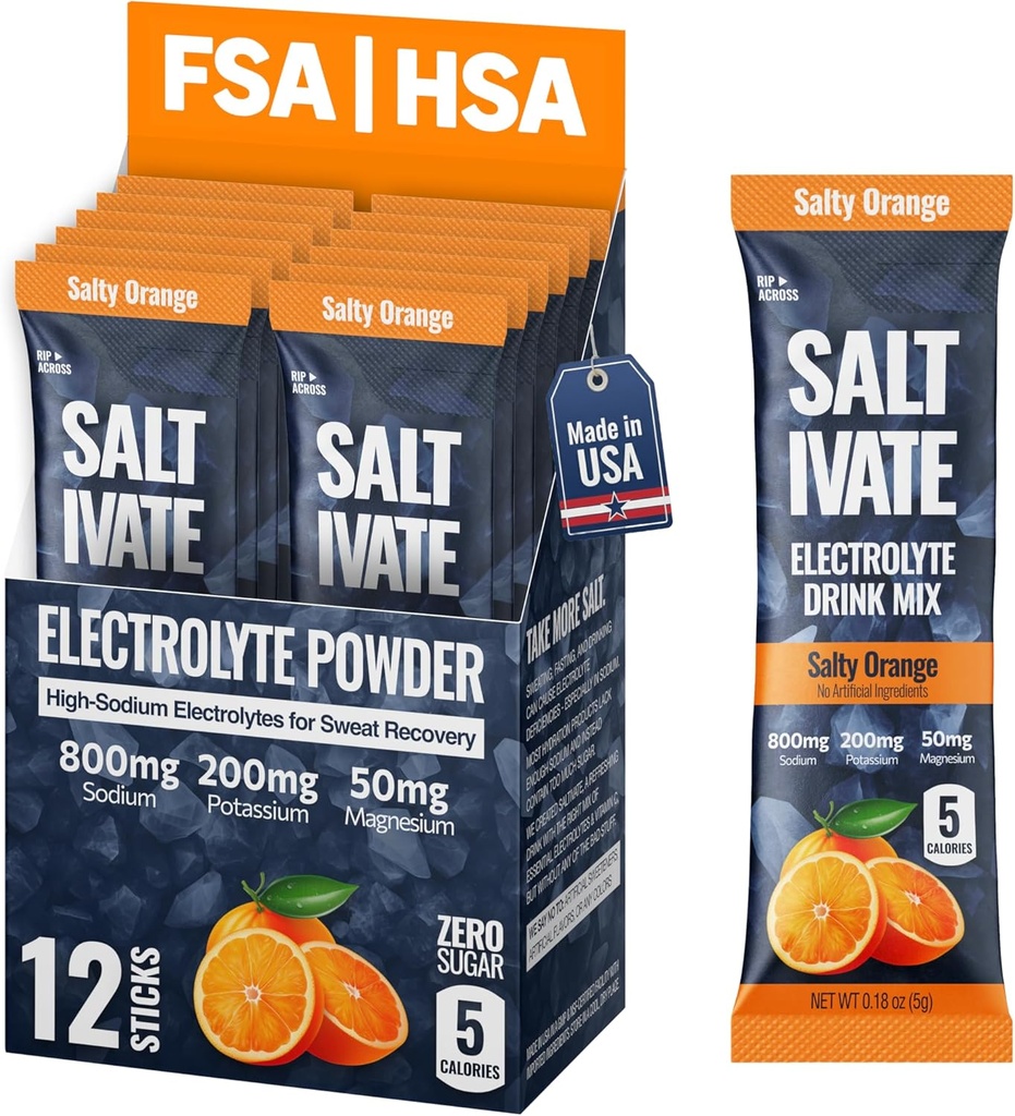 Salty Orange Electrolytes Packets | 800 mg sodyum, Pyum & Hydration | Stevia-Sweetized & Sugar Free Electrolyte Toz | for Sweat Revocery, Fasting, POTS | Makes 32 Fl Oz (Brook of 12)