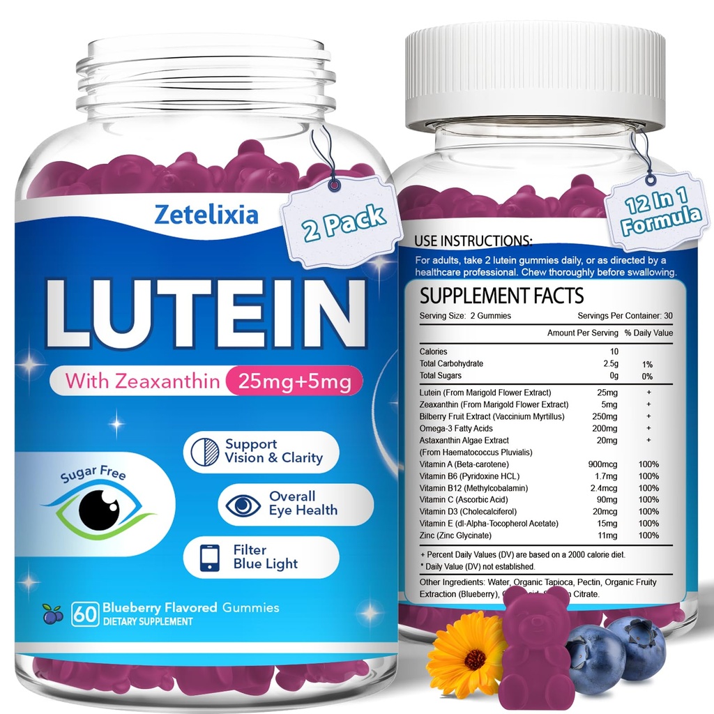 2 Pack Lutein Gummies, 1 Lutein ve Zeaxanthin Supplements Eye Vitamins yetişkinler için Gummies, Eye Health Supplement with multiple Vitamin for Promoting Eye & Vision - 120 Gummies