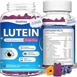 2 Pack Lutein Gummies, 12 σε 1 Lutein και Zeaxanthin Συμπληρώματα Οφθαλμικές Βιταμίνες Gummies για ενήλικες, Συμπλήρωμα για την υγεία των ματιών με πολλαπλές βιταμίνες για την προώθηση των ματιών και της όρασης - 120 Gummies