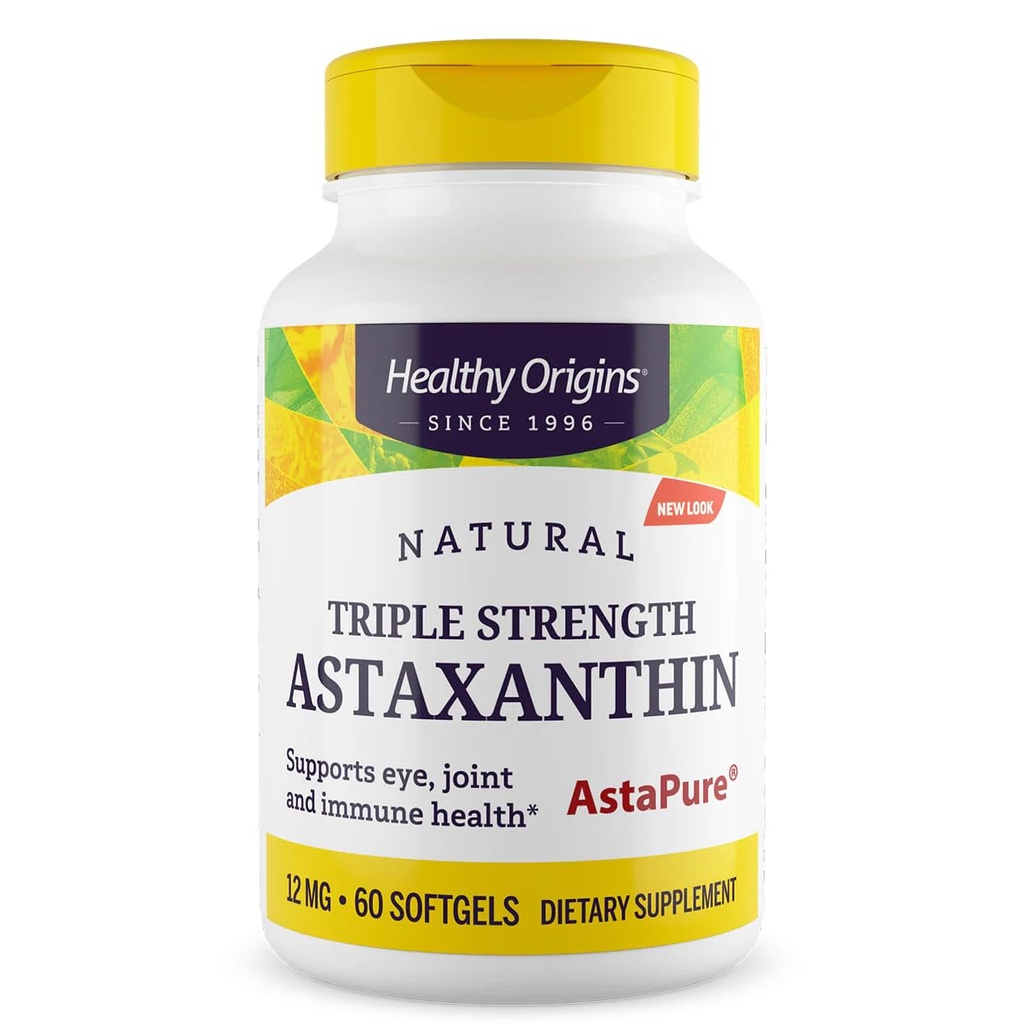 Υγιής προέλευσης Ασταξανθίνη 12 mg (Φυσική, Αστάφηση, Τριπλή Δύναμη, Μη ΓΤΟ, Χωρίς Γλουτένη, Υποστήριξη ματιών, Κοινή Υποστήριξη, Ανοσολογική Υποστήριξη), 60 Softgels