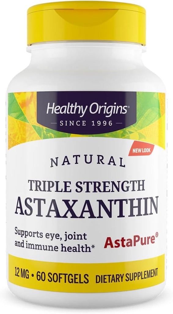 Sağlıklı Origins Astaxanthin 12 mg (Doğal, Astapure, Triple Strength, Non-GMO, Gluten Free, Eye Support, Ortak Destek, Immune Support), 60 Softgels