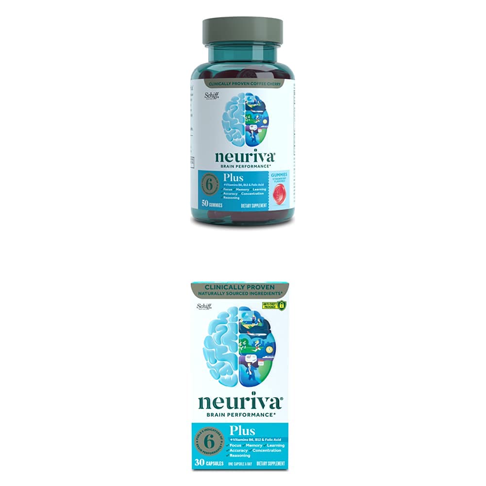 NEURIVA Nootropic Brain Support Supplement - Plus Strawberry Gummies (50 Count in a Bottle) with Nootropic Brain Support Supplement - Plus Capsules (30 Count in a Box)