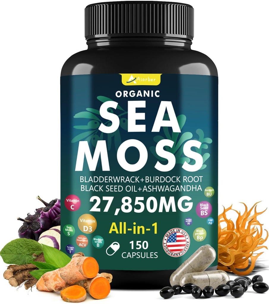 Sea Moss Capsules Kompleksi Black Seed Oil,Aşhwagandha,Burdock Root,Bladderwrack Ginger Vitamins Multimineral Supplement - Irish Wild Seamoss Pills Advanced Meeting for Men & Women (150 Capsules)