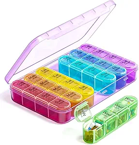 Odaro Weekly Pill Organizer 4 Times a Day, Daily Pill Box 7 Gün, Büyük Seyahat Pill Case with 28 Karşılaştırmalı Tıp, Vitamin ve Supplement - Mor Case