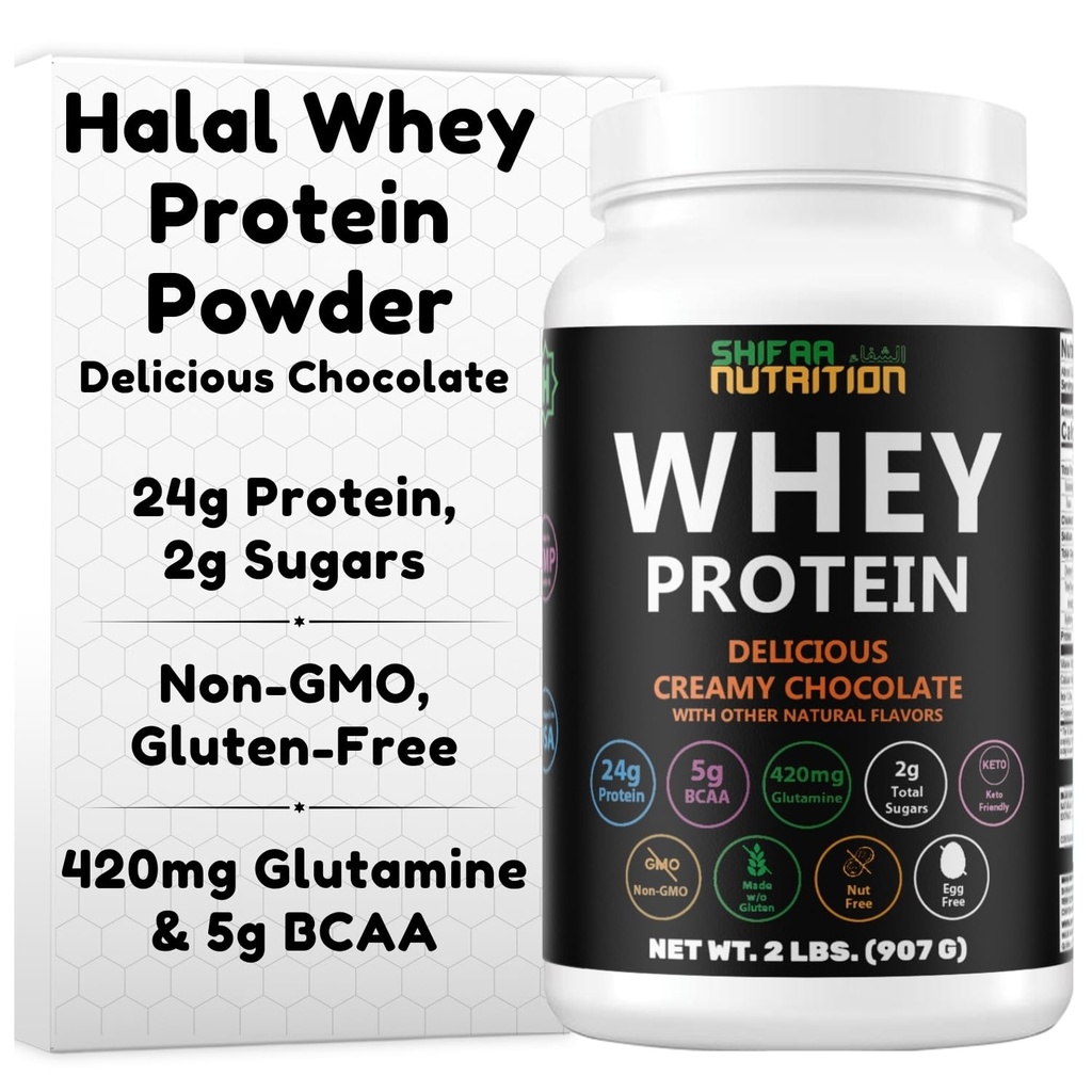 SHIFAA NUTRITION 2 Lbs Halal Whey Protein Toz Kremy Chocolate. 24g Protein, 5g BCAAs & 420 mg Glutamine. for Building Lean Muscles & Recovery. Sugar-Free, Keto-Friendly, Gluten-Free, Non-GMO