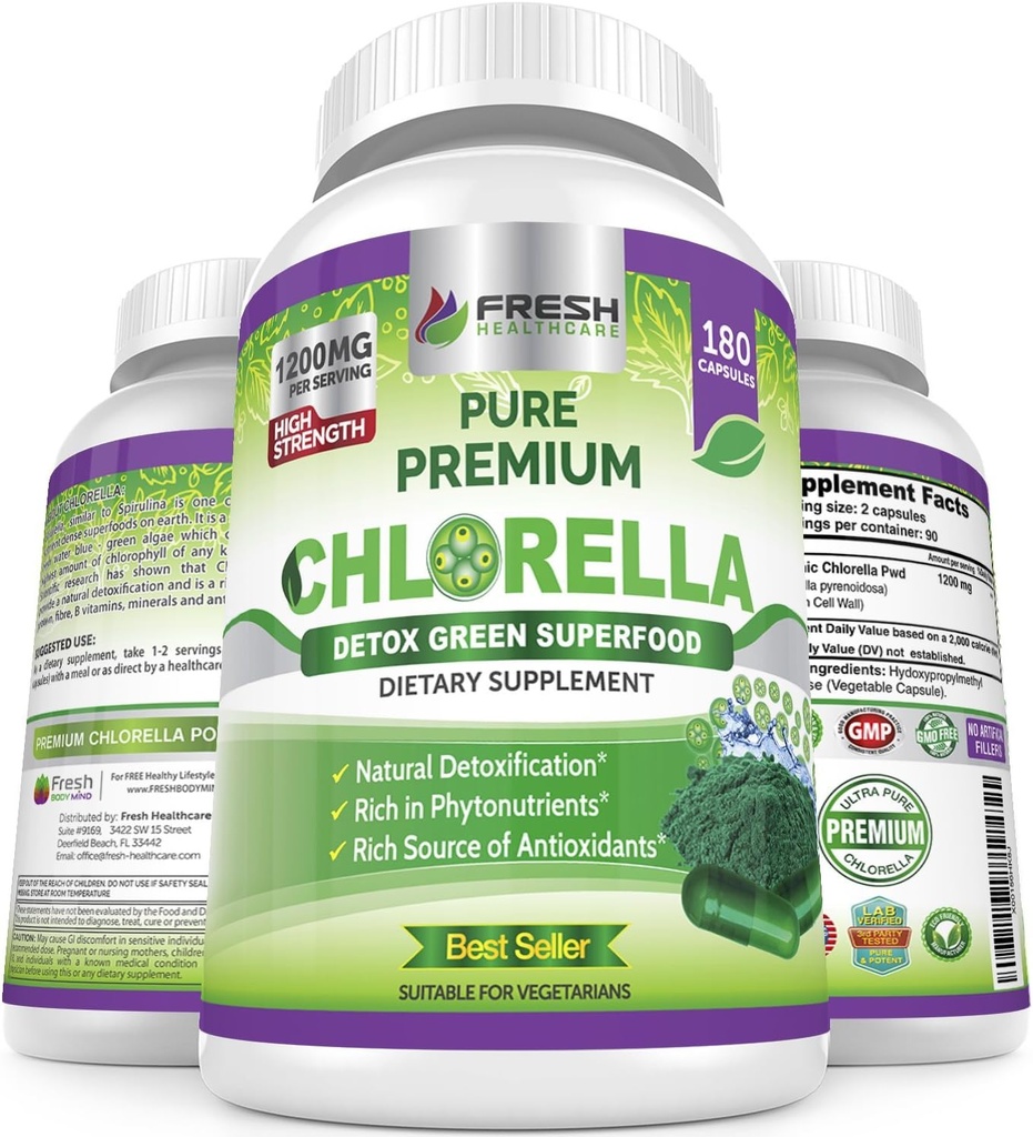FRESH SACARE Premium Chlorella Supplement, 1200 mg Pure Vegan Toz Capsules, 180 Chlorophyll ve CFG Pills, Natural Detox Superfood, Doğal Contains B Vitaminleri ve Mineraller