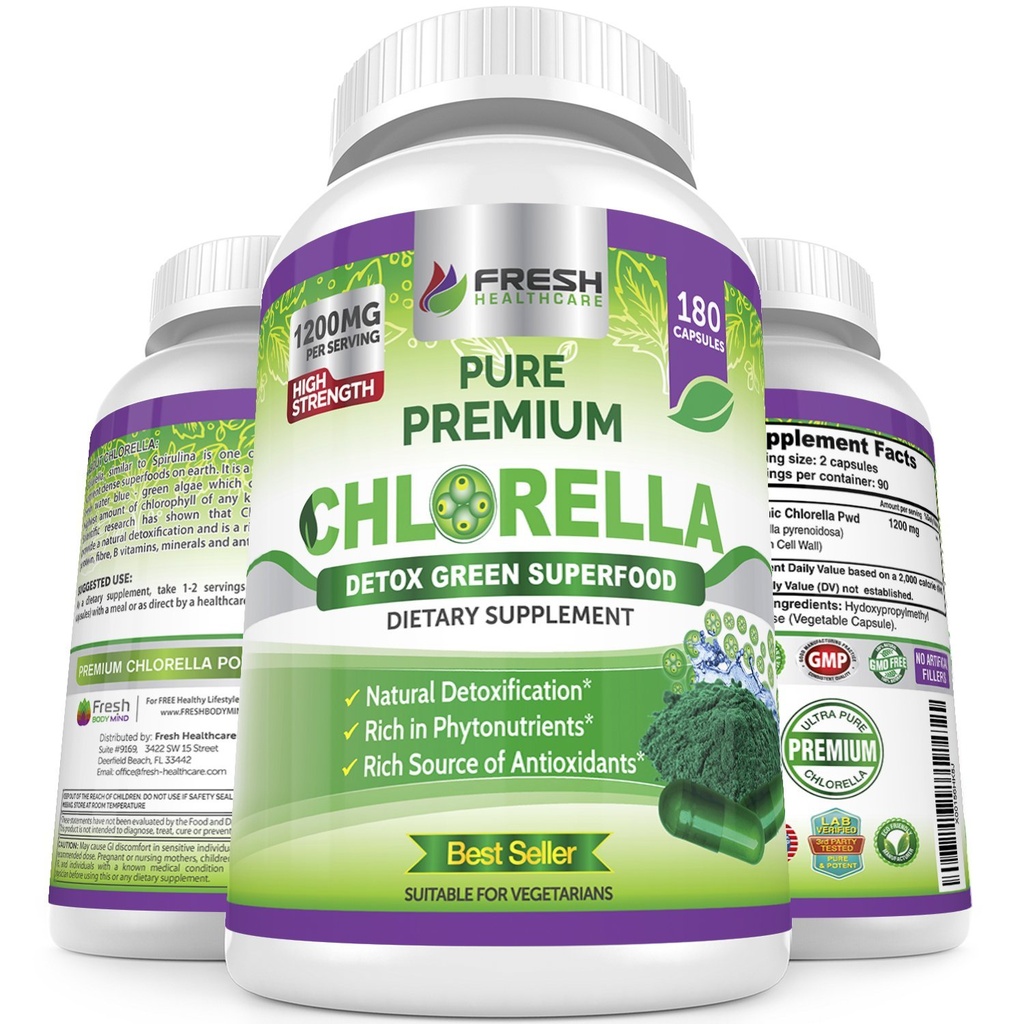 FRESH SACARE Premium Chlorella Supplement, 1200 mg Pure Vegan Toz Capsules, 180 Chlorophyll ve CFG Pills, Natural Detox Superfood, Doğal Contains B Vitaminleri ve Mineraller