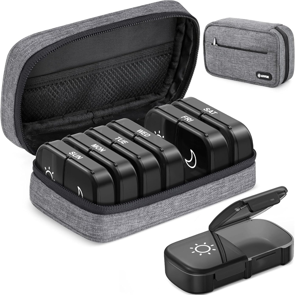 AUVON Canvas Bag XL Haftalık Pill Organizer 2 Times a Day, Travel Pill Box 7 Day with One-Side Büyük Açılış, AM PM Pill Case with Port Bag for Supplements, Fish Oils,