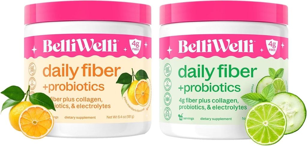 Daily Fiber Supplement Bundle with Added Collagen, Probiotics & Electrolytes - Cucumber Lime Mint & Orange Yuzu Mandarin Flavors - Υποστηρίζει Digestive Health, Debloating & Hydration - 32 Υπηρεσίες Σύνολο
