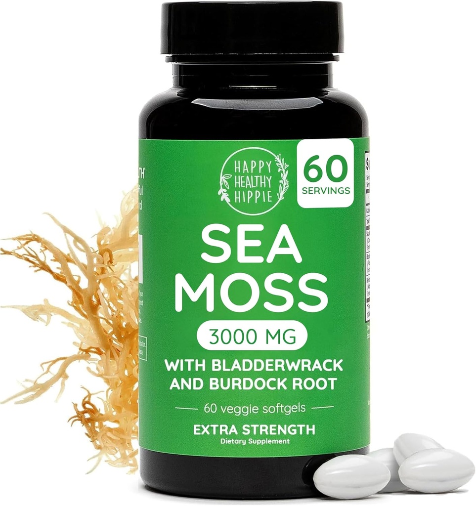 Mutlu Sağlıklı Hippie Sea Moss Gel Capsules 3.000 mg (1 Günlük) – Immunity, Enerji Boost & Digestive Support | Wildcrafted Irish Seamoss Pills, Burdock Root, Bladderwrack | Made in USA, Vegan, 60 Ctock
