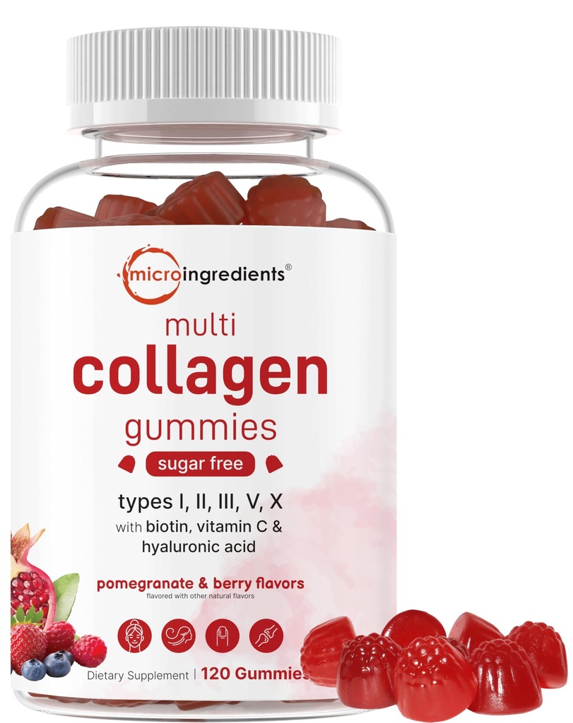 Mikro Malzemeler Multi Collagen,, 120 Collagen Gummies | Tip I,II,III,V,X Protein with Biotin, Hyaluronic Acid, & Vitamin C Kompleks | Pomegranate & Berry Flavored | Sugar Free, Non-GMO