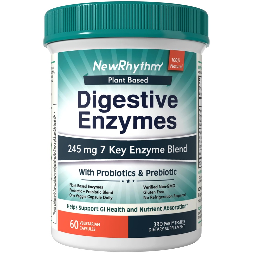 NewRhythm Digestive Enzymes 245 mg, με προβιοτικά και πρεβιοτικά, με βάση τα φυτά, 7 βασικά ένζυμα, Digestion, θρεπτική απορρόφηση, Protease Amylase & Lipase, 60 Vegan Κάψουλες
