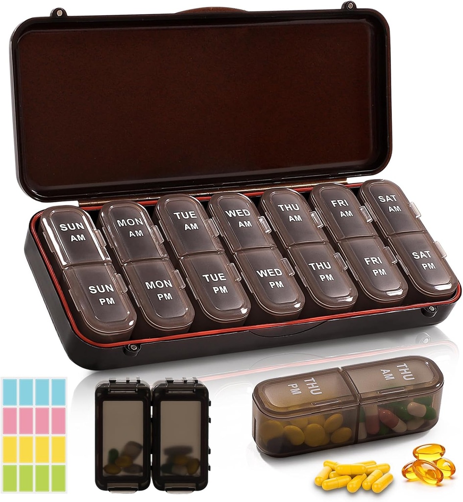 Weekly Pill Organizer 2 φορές την ημέρα + 2 αποσπώμενα χάπια Organizers kit - AM PM Travel Pill Organizer for Vitamin Medicine Συμπληρωματικό ιχθυέλαιο, Brown Daily Pill Υπόθεση 2 φορές την ημέρα