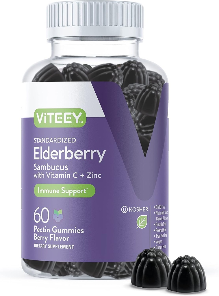 Yetişkinler için Viteey Sambucus Elderberry Gummies - Yaşlı Vitamin C ve çinko Immunity Gummies - Vegan, Gluten-Free - 60