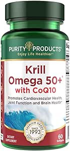 Krill Omega 50 Plus w/ CoQ10 από προϊόντα καθαρότητας - 1300mg Krill Oil και Fish Oil Blend - 100mg CoQ10 - 500mg Φυσική Ασταξανθίνη - Υποστήριξη για την κοινή, την υγεία του εγκεφάλου και περισσότερα - 60 Mini Softgels