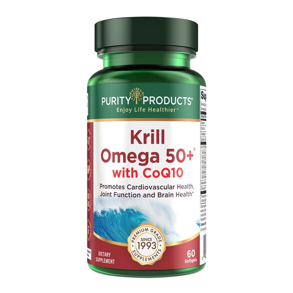 Krill Omega 50 Plus w/ CoQ10 from Purity Products - 1300mg Krill Oil and Fish Oil Blend - 100mg CoQ10-500mg Natural Astaxanthin - Support for Cardio, Joint and Brain Health - 60 Mini Soft Gels