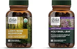 Gaia Herbs Lion’s Mane Mushroom - Help Maintain Neurological Health - 120 Vegan Liquid Phyto-Capsules & Holy Basil Leaf - Helps Sustain a Positive Mindset and Balance in Times of Stress - 120 Vegan Li