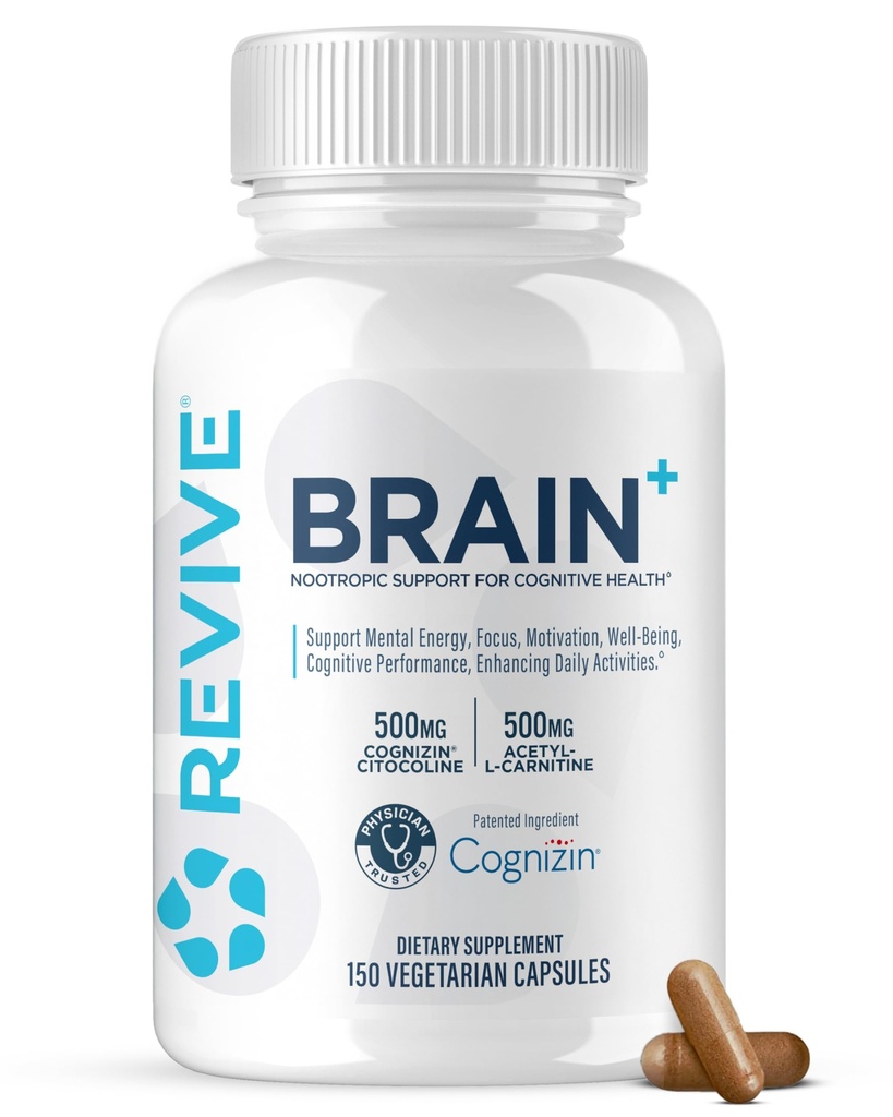 Revive MD Brain Supplements for Memory & Focus, Brain Plus - Simulant Free Nootropic Supplement for Cognitive Health with Niacin, Vitamin B6 & B12, Acetyl-L-Carnitine HCL & Alpha- GPC- 150 Κάψουλες