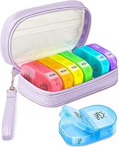 Cute Pill Organizer 2 Times a Day, PU Deri Pill Case for Women, Portable Weekly Pill Box for Purse with Storage Bag to Hold Vitamins, Drugs, Fish Oils, Supplements (Purple)